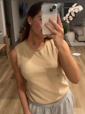 Lauren Ralph Lauren Beige and Cream Striped Ribbed Tank